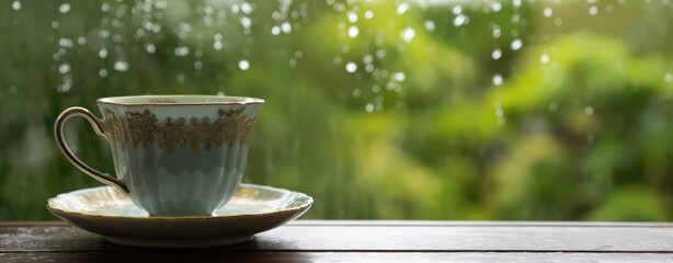 The Teacup on Saucer Framed by Rainy Window and Misty Garden Light