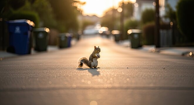 Squirrel stands tall in the middle of a suburban street at sunset