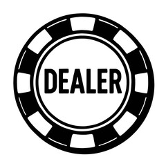 Black and white 'DEALER' casino chip, a classic poker token for card games, symbolizing the game's administrator. Ideal for casino themes, event invitations, professional gaming graphics. This iconic