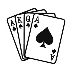 Monochromatic vector artwork of four playing cards: Ace, King, Queen, Ace of Spades. This strong poker hand icon symbolizes high-stakes gambling, strategic card games, casino thrills, and winning. Ide