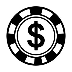 Striking black and white casino chip vector icon, prominently featuring a dollar sign ($) at its core. This graphic effectively symbolizes money, poker, gambling, betting, finance, and valuable stakes