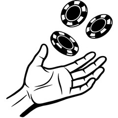 Dynamic black and white vector illustration of a human hand catching or tossing three classic casino poker chips, symbolizing gambling, games of chance, betting, luck, wealth, and the thrill of strate