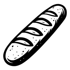 Black and white vector drawing of a rustic baguette-style bread loaf with characteristic slashes on its crust. Ideal for bakery branding, food blogs, and menus, symbolizing fresh artisan baked goods f