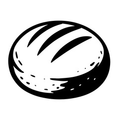 Black and white hand-drawn round bread loaf illustration, rustic style with classic slashes, ideal for bakery logos, menus, food blogs, recipe graphics, artisan bread, sourdough, baked goods, fresh br