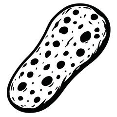 Black and white hand-drawn illustration of a single peanut in its shell, showcasing a bumpy, textured surface with various black spots and organic patterns. A simple vector clip art ideal for food, sn