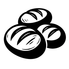 Black and white vector illustration of three freshly baked rustic artisan bread loaves, perfect for bakery branding, restaurant menus, and food-related designs, emphasizing wholesome gourmet quality f