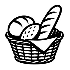Black and white vector line art of a traditional wicker bread basket. Contains a fresh French baguette, a rustic round loaf, and a seeded roll, neatly arranged on a white cloth. Ideal for bakery, food