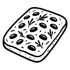 Black and white hand-drawn vector outline of rustic rectangular Italian focaccia bread, generously topped with plump black olives and aromatic rosemary sprigs. Perfect for Italian cuisine, bakery, foo