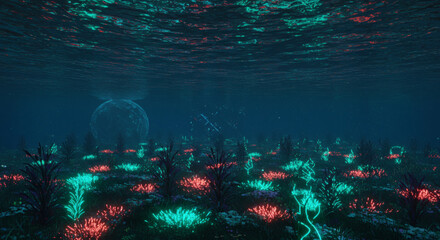 Underwater neon landscape with glowing flora and futuristic sphere