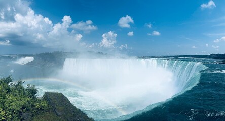 Panoramic view of Niagara Falls Horseshoe waterfall under a bright blue sky
