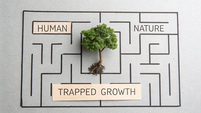Tree trapped in a maze representing growth and complexity - Powered by Adobe