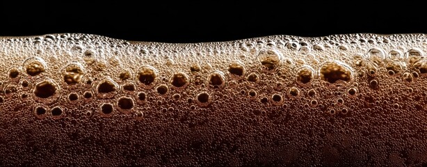 The beer foam head close-up with bubbles in dark glass