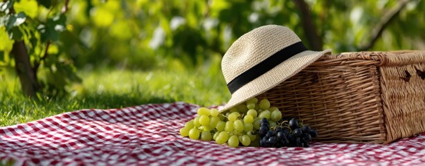 The Picnic Hat with Basket and Grapes in Sunlit Park