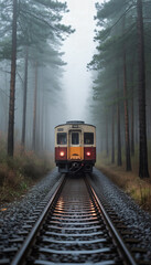 Naklejka premium Vintage train traveling on tracks through foggy pine forest 