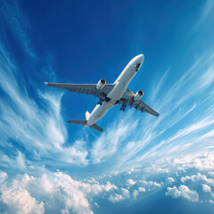 Obraz premium Large airplane soars through vibrant blue sky, surrounded by wispy clouds, creating sense of freedom and adventure