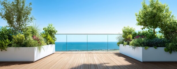 The Ocean View Deck on a Bright Rooftop Terrace with Planters and Glass Railings