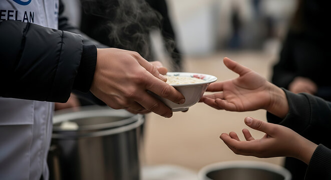 Compassionate hands offer steaming bowl of food to outstretched recipient, symbolizing hope and aid during challenging times.