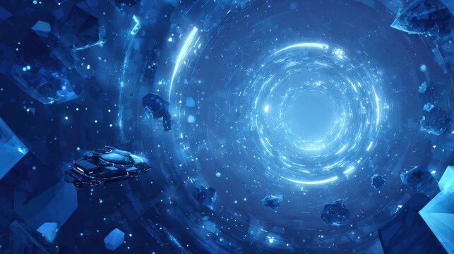 Futuristic spaceship navigates a vibrant blue wormhole filled with crystalline asteroids and distant nebulae, embarking on an epic interstellar journey.