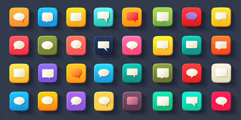 Colorful chat bubble icons are displayed on flat square buttons, each with unique color and design, creating vibrant and modern communication theme