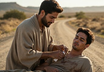 Good Samaritan helping injured man on desert road at sunset