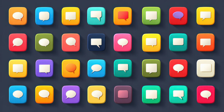 Colorful chat bubble icons are displayed on flat square buttons, each with unique color and design, creating vibrant and modern communication theme