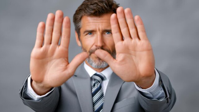 Businessman in gray suit confidently gestures with both hands, showcasing a clear message of communication and assertiveness, emphasizing the importance of non-verbal cues in professional interactions