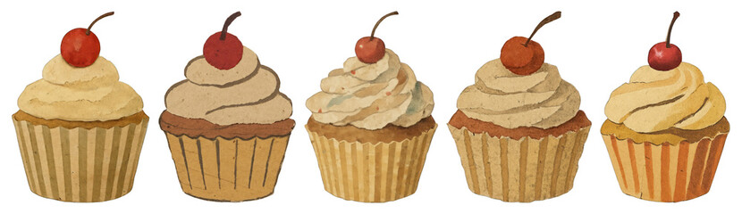PNG Vintage cupcakes with cherries illustration, element set on transparent background