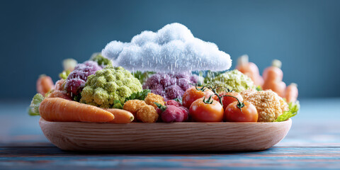 Wooden bowl filled with colorful vegetables, including carrots, tomatoes, and broccoli, is topped with cloud emitting rain, symbolizing food innovation and digital transformation