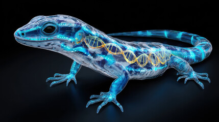 Naklejka premium Stunning synthetic life creation showcases translucent lizard with glowing DNA strands, symbolizing fusion of nature and technology