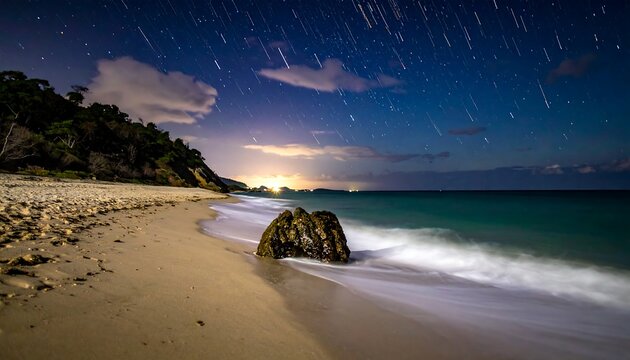 Nighttime view of a beach, with long exposure capturing star trails above the ocean and a lone rock in the foreground. The sky is dark blue with some clouds