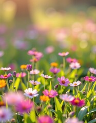 Soft sunlight bathes a vibrant spring meadow, wildflowers in soft focus, creating a dreamy, idyllic scene, blossom, bloom, outdoor