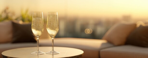 The Two Champagne Flutes on a Sunset Terrace in a Luxury Lounge