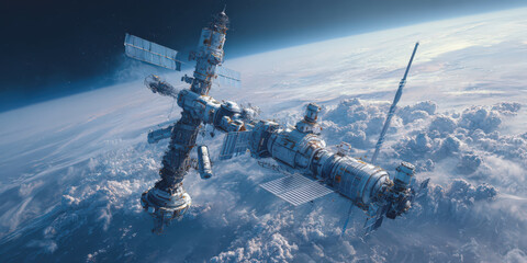 Futuristic space station orbits Earth, showcasing advanced technology and engineering. structure is set against backdrop of clouds and planet curvature, highlighting vastness of space
