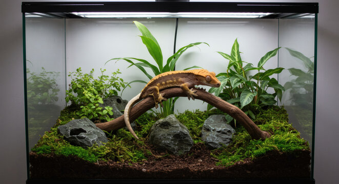 Crested gecko resting on a branch inside a terrarium with plants and rocks