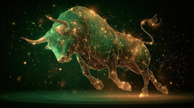 Glowing digital bull made of interconnected lines and dots stands against starry green background, symbolizing strength and determination. earthy tones add depth and vibrancy