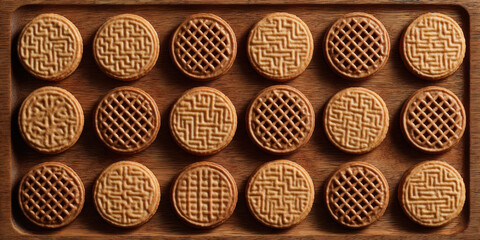 Wooden board displays grid pattern of round cookies with intricate designs, creating visually appealing arrangement. cookies have variety of textures and patterns, adding to aesthetic charm