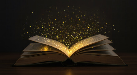 Open book with glowing particles concept of knowledge and learning copy space