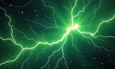 Ethereal green plasma lightning crackles across a cosmic void, illuminating nebulae dust with an otherworldly glow, discharge, celestial, plasma