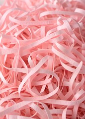 A large quantity of pink shredded paper or crinkle-cut paper filler. The thin, ribbon-like strips crisscross and fill the entire frame, creating a soft, light texture often used for gift packaging.