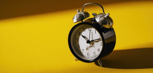 The vintage black alarm clock casting shadow on bright yellow background