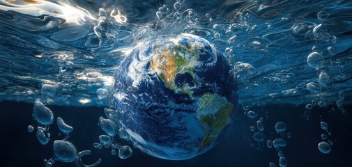 The Earth submerged in crystal water with rising bubbles and reflective ocean surface