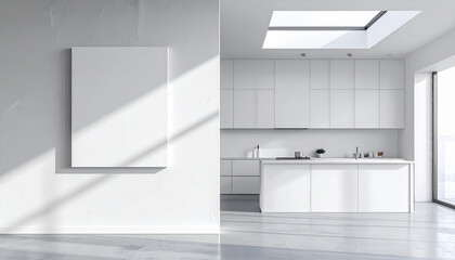 3d render of blank wall at the kitchen; the wall in the left side from the modern minimalist kitchen