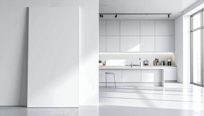 3d render of blank wall at the kitchen; the wall in the left side from the modern minimalist kitchen