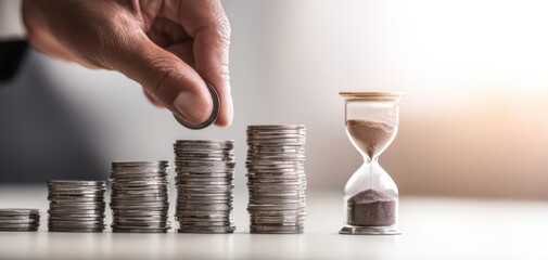 The Coin Stacks Growing Next to an Hourglass Symbolizing Time and Savings