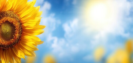 The Sunflower Close Up Against A Bright Sunny Sky With Soft Bokeh Background