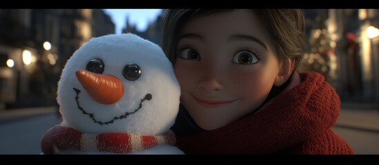 Adorable animated girl with a snowman friend in winter