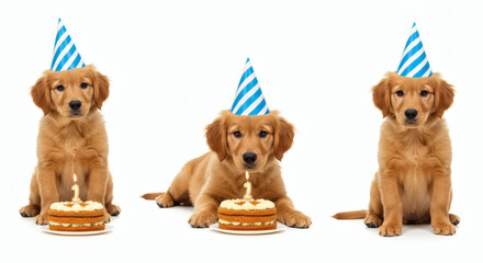 Golden retriever puppies celebrating with birthday cake and party hats against transparent background