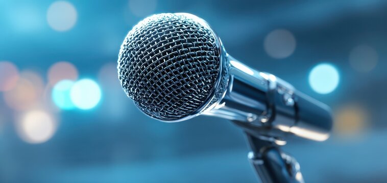 The Microphone close up on stage with soft bokeh lights and professional focus - Powered by Adobe