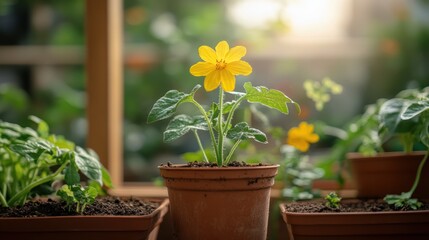 Single Yellow Flower Blooming in a Pot