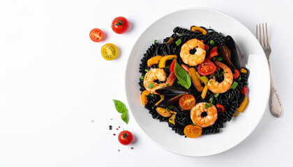 Black pasta with shrimp, mussels and vegetables; flat lay; 